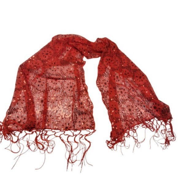 Red Sequin Evening Wedding Formal Scarf with Tassels - NEW - Picture 6 of 7